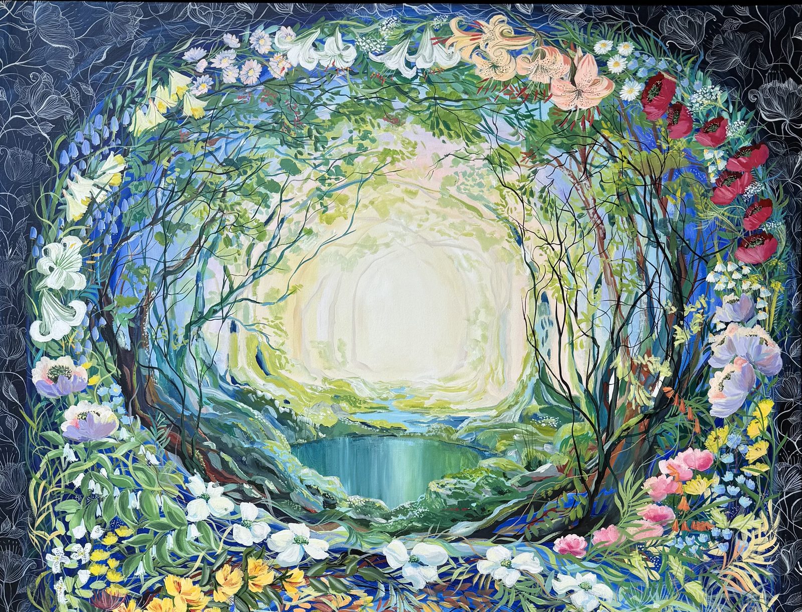 A luminous woodland portal encircled by flowers, painting by Elizabeth Porritt Carrington